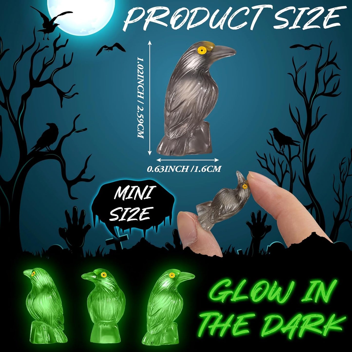 Skiennix Halloween Miniature Crows - Luminous Resin Raven Figurines for Spooky Decor | 100 Pcs