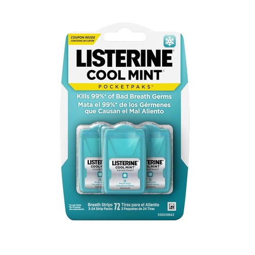 Listerine PocketPaks | Cool Mint Breath Strips - Portable Oral Care, Sugar-Free, 3 Packs of 24 Strips