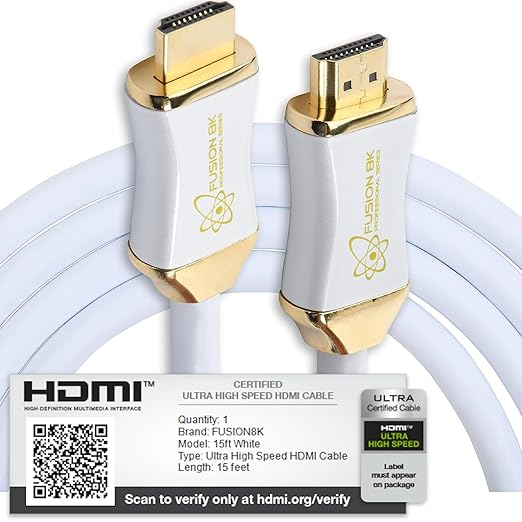 Fusion8K White HDMI 2.1 Cable 15 Feet - Certified 48Gbps 8K@60Hz 4K@120Hz 10K | HDR Dolby Vision eARC | Braided Cord for PS5 Xbox Series X Apple TV 4K