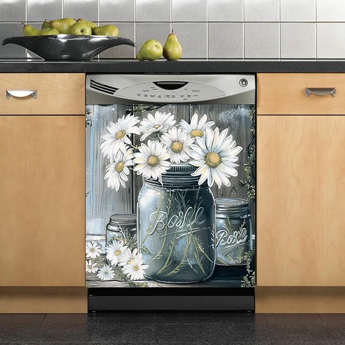 Country Daisies Dishwasher Magnet Cover for The Front, Still Life White Flowers Reusable Magnetic Dishwasher Sticker, Vintage Vase Floral Kitchen Appliances Panel Decal (23" x 26" Magnetic)