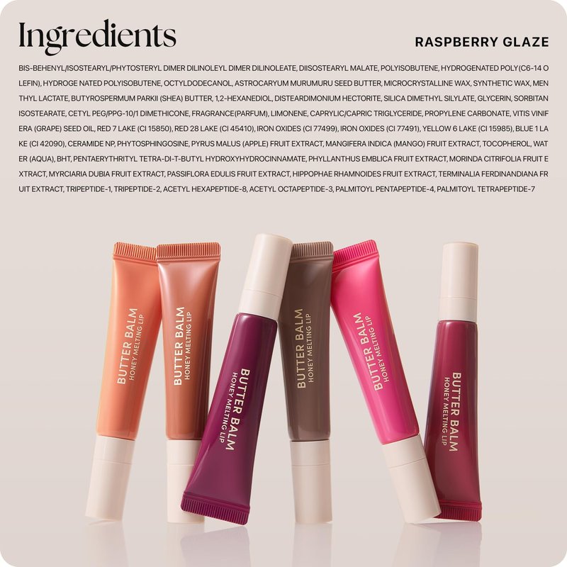 Honey Melting Lip Butter Balm - Hydrating Tinted Lip Balm with Peptides for Fuller Lips | Raspberry Glaze