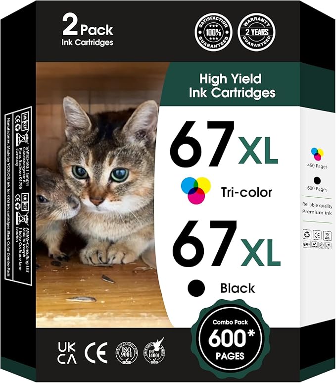 fannster 67XL Ink Cartridges Black Color Combo Pack Replacement for Ink 67 67XL 67XXL DeskJet 2755e 2755 2700e 2700 2734e 4155e Envy 6055e 6400 6000 Envy Pro 6458 Printer(1 Black and 1 Color)