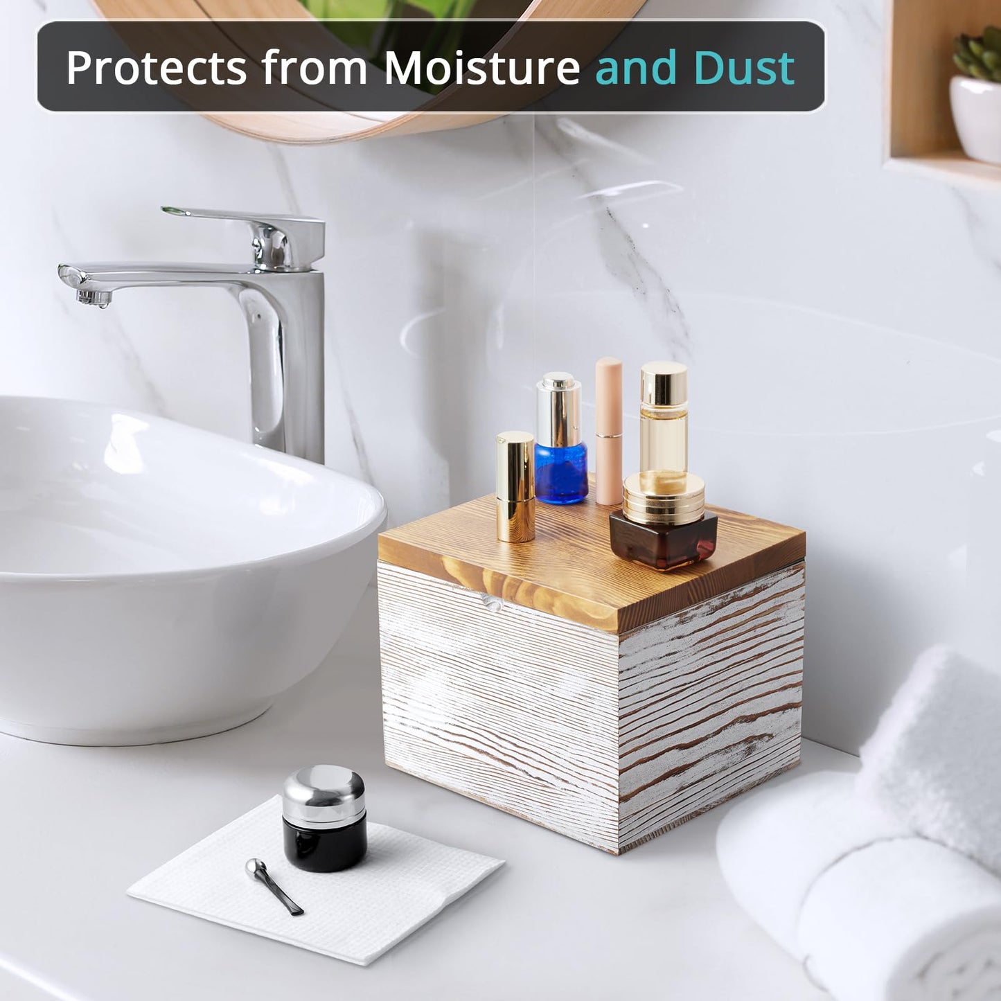 Bivvclaz Disposable Face Towel Holder, White Washed Wood Face Towel Container Compatible with Clean Towels XL, Face Towels Storage Box with Lid, Makeup Remover Organizer for Vanity, Bathroom
