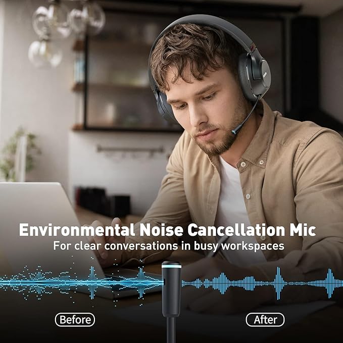 COOSII H300 Wireless Headphones with Microphone, Over Ear Bluetooth Headsets with USB Dongle & Mute, Environmental Noise Cancelling Retractable Mic for Work Office Call Center Laptop Computer (Black)