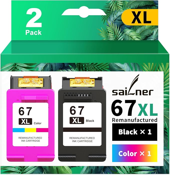 SAILNER 67XL Ink Cartridges Black/Color Combo Pack Replacement for HP Ink 67 HP67XL (2-Pack High Yield) Compatible with HP DeskJet 2755e 2855e 2700e 4155e 2734e 2827e 4100e Envy 6055 6455e Printer