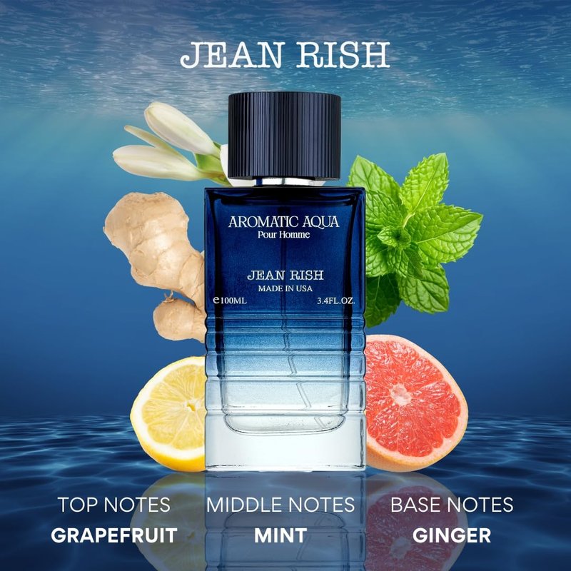 Jean Rish Aromatic Aqua Perfume for Men Eau De Parfum, Long-Lasting Luxury Fragrance, Made In USA - Lemon, Mint, Ginger, Jasmine, Sandalwood Scent - 100ml / 3.4 oz