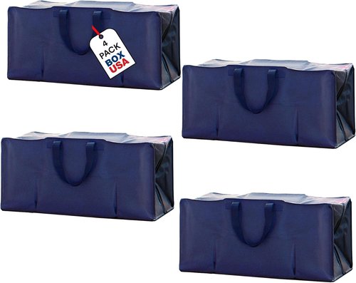 BOX USA Moving Bags - Heavy Duty 4-Pack with Strong Handles & Zippers | Extra Large Storage for College & Moving - Blue