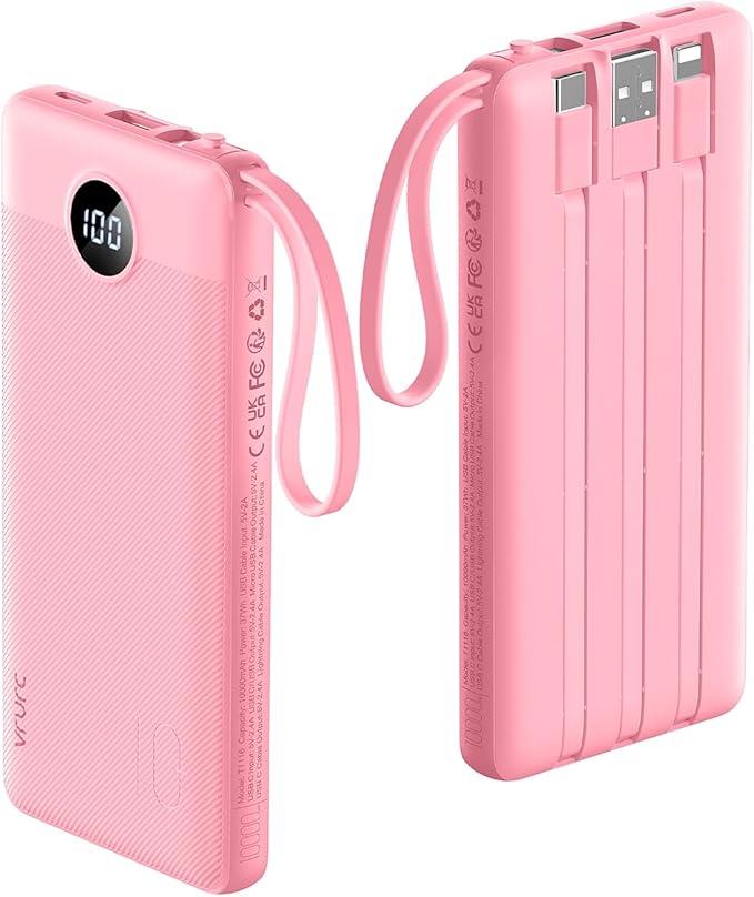 VRURC Portable Phone Charger, Travel Portable Charger with 4 Cables, 5 Outputs Slim USB C Power Bank for Hiking Camping Business, Built-in Cables for Multi Devices,Android-Barbie Pink(1 Pack)