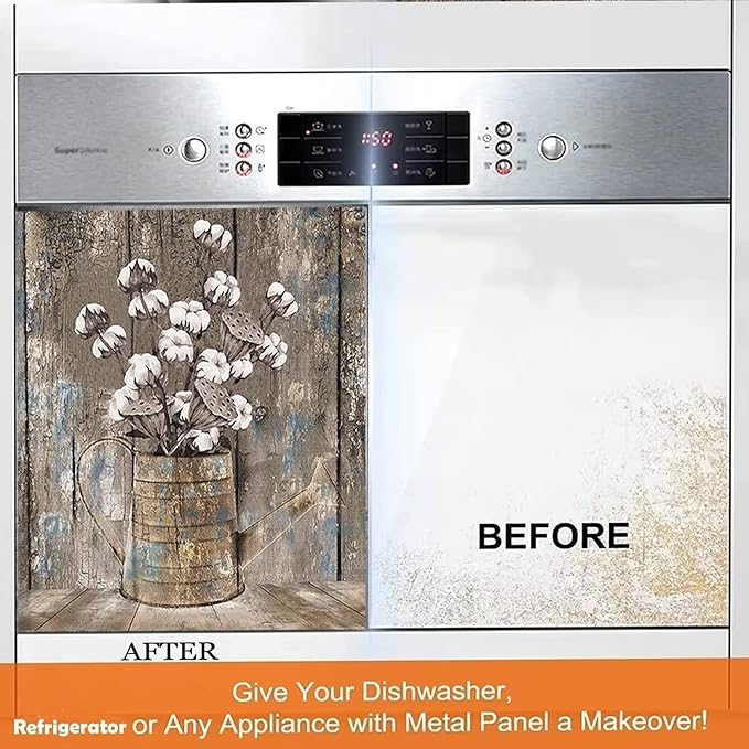Vintage Wood Dishwasher Cover Kitchen Decorative,Rustic Wooden Dishwasher Magnet Cover Decor Cotton Flower Sticker,Retro Farm Floral Dishwasher Decal Home Appliance Panel Stickers 23"x26"