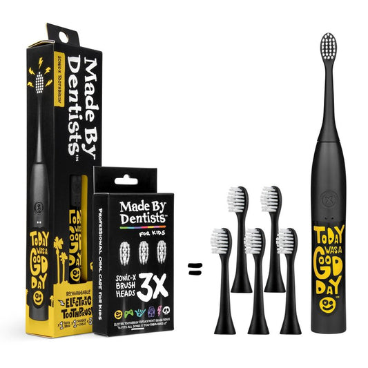 Made by Dentists Sonic X Electric Toothbrush – Rechargeable Kids Sonic Toothbrush, 8X Plaque Removal, 2 Speed Modes, 2-Minute Time, 6 Brush Heads Included, Tweens Ages 7+, Today was A Good Day Edition