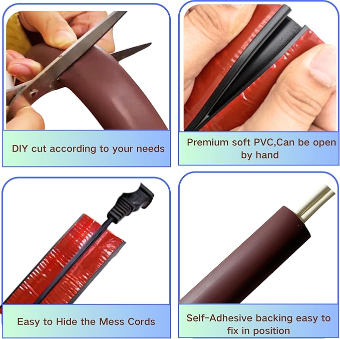 BEIEBIJOB 3.3ft Self Adhesive Floor Cord Cover,Heavy Duty Soft PVC Cable Protector and Extension Cord Hider,Cord Management System to Hide Wires on Floor,Cable Cavity:0.61" (W) x 0.32" (H) Brown