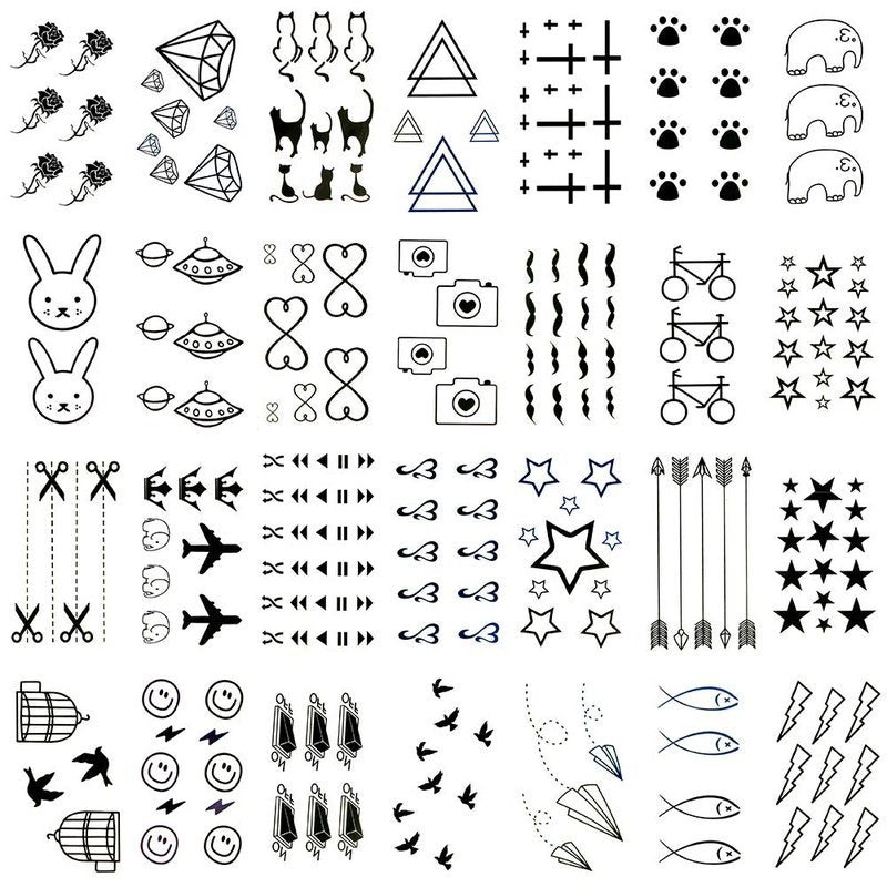 Oottati 30 Sheets Small Cute Temporary Tattoos Kit - Black Foot Print Camera Elephant Star Diamond Cross Bird Cat for Kids Women Men