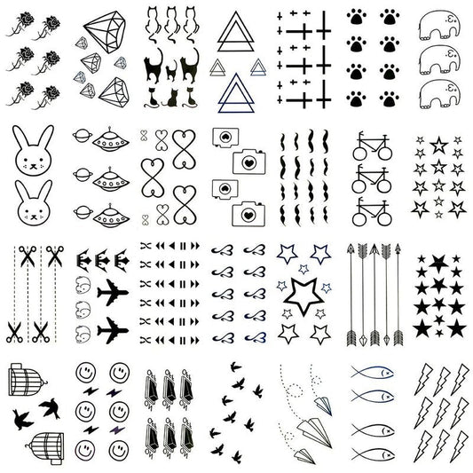 Oottati 30 Sheets Small Cute Temporary Tattoos Kit - Black Foot Print Camera Elephant Star Diamond Cross Bird Cat for Kids Women Men