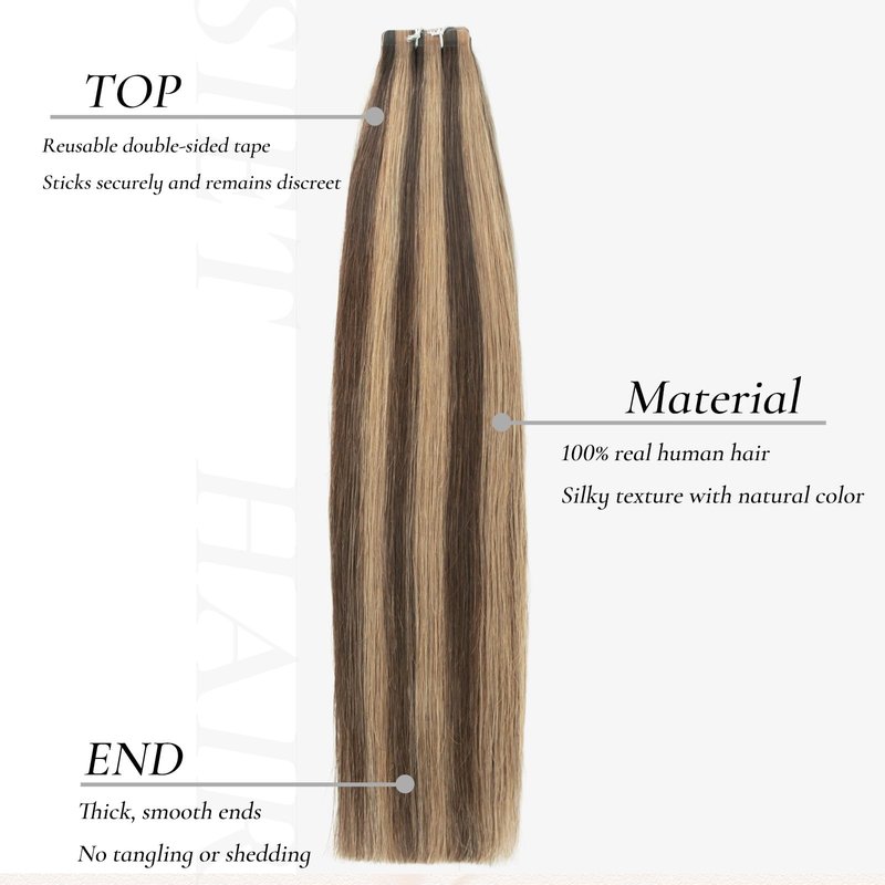 Hyssiet Tape in Hair Extensions Human Hair, 20pcs 50g 14 Inch Tape in Hair Extensions,Chocolate Brown Highlighted Caramel Blonde,Invisible Remy Soft Natural Thick Real Human Hair Extensions