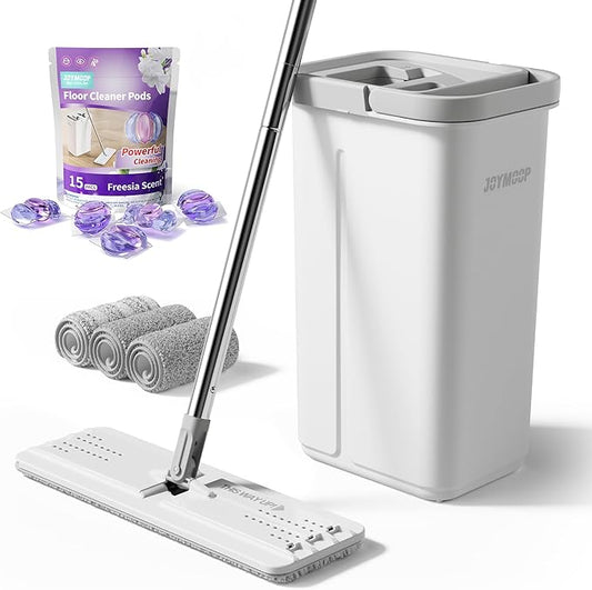 JOYMOOP Complete Floor Cleaning Bundle: Mop and Bucket Set with Wringer with 3 Washable Microfiber Pads and 15 Freesia Scented Cleaner Pods – Hands-Free Wet/Dry Floor Cleaning System