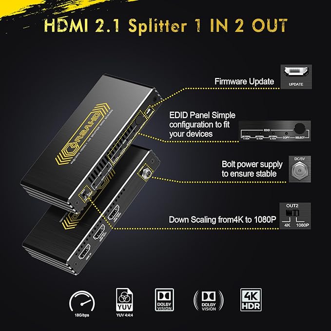 CORSAHD 8K@60Hz 4K@120Hz HDMI 2.1 Splitter 1 in 2 Out,48 Gbps,HDCP 2.3,Supports VRR,ALLM,HDCP Bypass,EDID,Duplicate/Mirror/Copy,Downscale,HDR,Dolby Vision Atmos,Soundbar