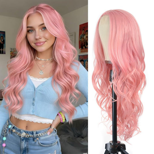 BrittyHair Pink Wigs for Women 26 Inch Long Pink Wavy Wig Natural Looking Middle Part Curly Wig Heat-resistant synthetic fiber wigs for Daily Wear Cosplay and Halloween