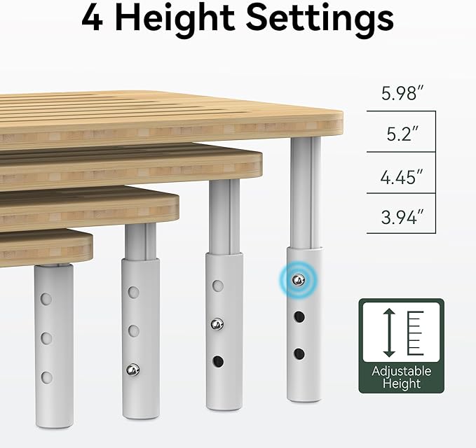 WELL WENG Bamboo Monitor Stand Riser, 4 Adjustable Height, Laptop Stand with Airflow Vents, Desk Organizer for Computer, PC, Printer (Natural)