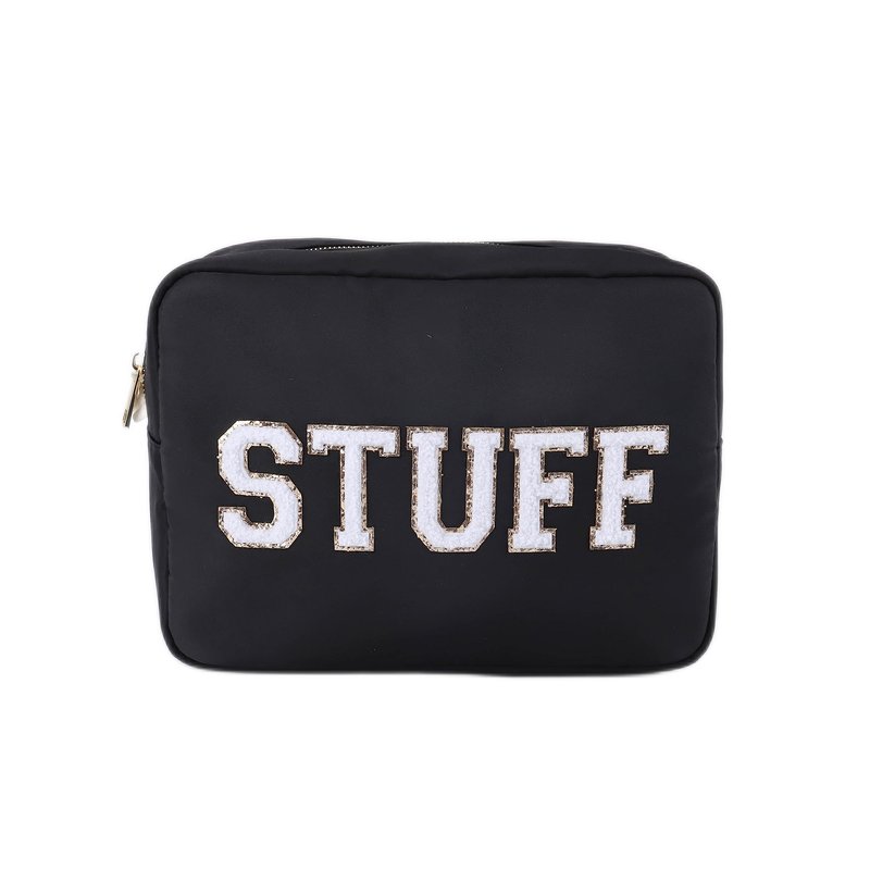 SkyTen Chenille Letter Make Up Bag Nylon Cosmetic Case Stuff Glam Stoney Clover Dupe Travel Organizer (Black, XL)