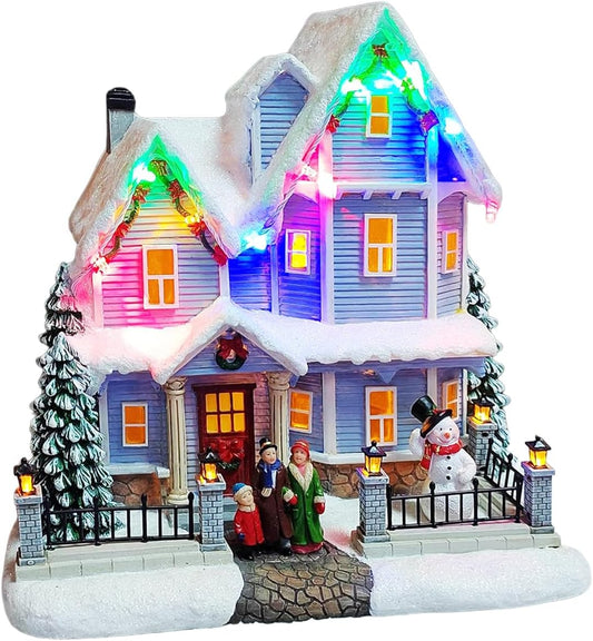 Moments In Time Vintage Christmas Village House - 8.9” Lighted LED Musical Décor with Snowman & 8 Classic Songs