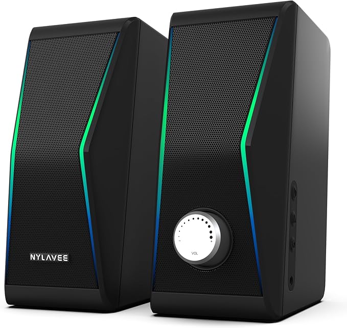 Nylavee Computer Speakers, Bluetooth 5.0 Hi-Fi Stereo PC Speakers, 4 Dynamic Lighting Modes, AC Adapter Powered and 3.5mm AUX-in Computer Speakers for Desktop PC, Monitor, Laptop, Tablet, Phone