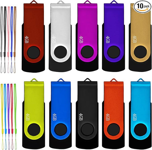 Nicepicten USB Thumb Drive 4GB USB Flash Drive 10 Pack Swivel Jump Zip Drive USB Memory Stick with 10PCS Lanyards - 4GB Colorful