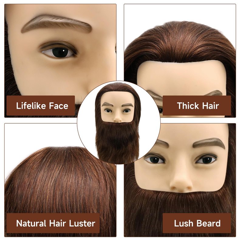 Male Mannequin Head,Training Head with 100% Human Hair 12inch Barber Mannequin Head Male Mannequin Head With Beard for Hair Styling, Practicing Cut Styling（With Beard, Brown）