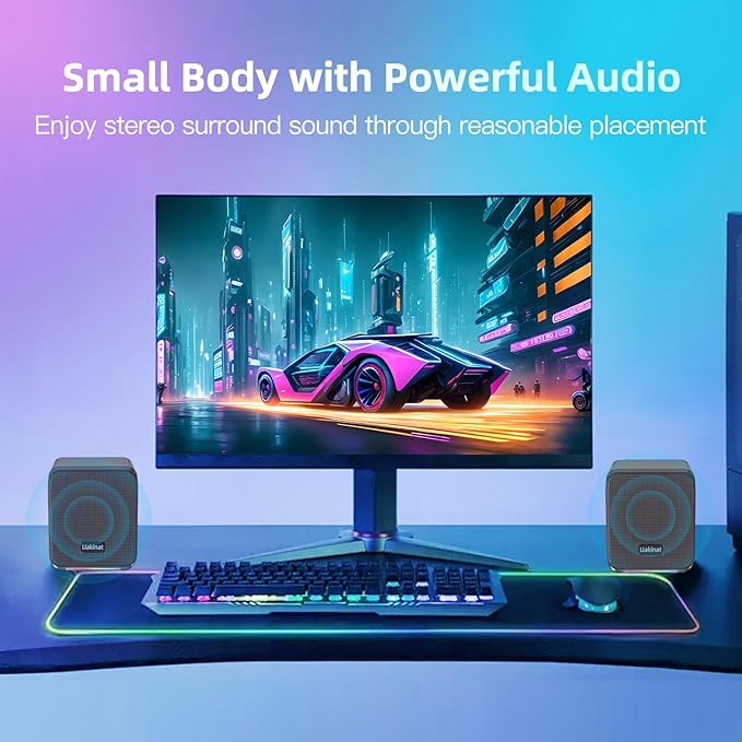 Uakinat Computer Speakers,with 7 Colorful RGB Lights, Headphone Jack, Enhanced Bass and Volume Control, PC Speakers USB Powered Gaming Speakers for Laptop Monitor PC Tablet Phone