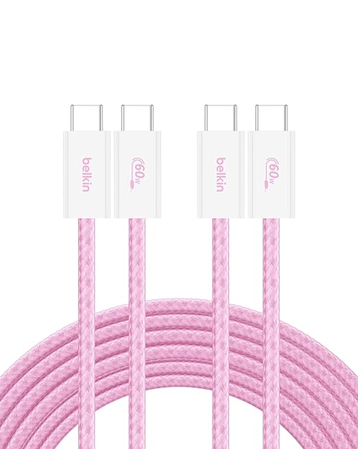 Belkin USB C to USB C Cable 2-Pack, 9.9ft, 60W - Type C Charger, iPhone Charger Cord, Soft, Braided, Flexible for iPhone 17, Galaxy S25, Pixel 10, Airpods, iPad Pro & More, Travel Essentials - Pink
