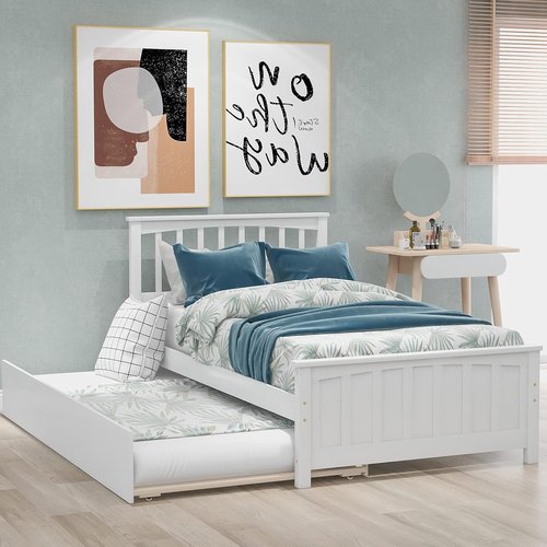 LostCat Twin Size Bed Frame - Solid Pinewood with Trundle & Headboard | No Box Spring Needed, White