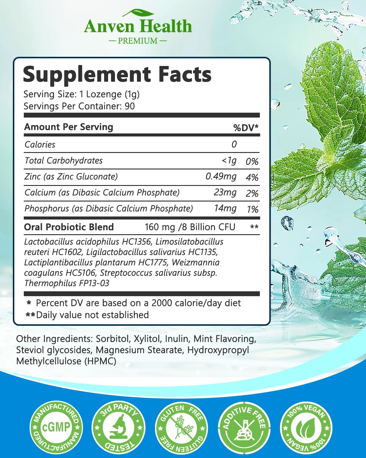 Anven Health Oral Probiotics Lozenges for Fresh Breath & Gum Support - Mineral Fusion with Zinc + Calcium for Dry Mouth Comfort, Enamel Care, Mint Flavor with Xylitol - 90 Lozenges, Sugar-Free