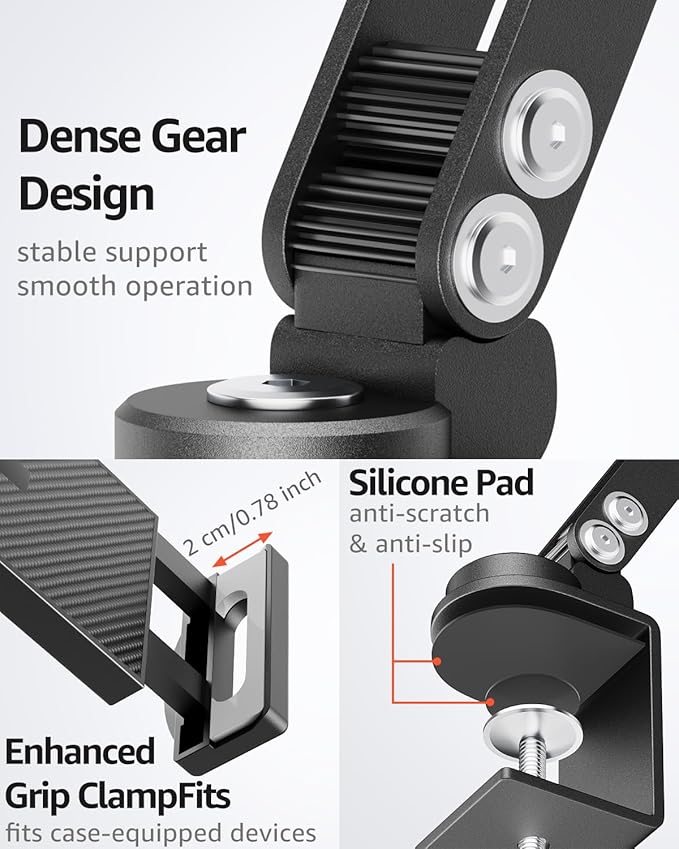 Urmust iPad Holder for Desk & Bed, Adjustable Foldable Tablet Arm iPad Holder Clamp Mount, 360° Rotation, Fits iPad Pro/Air/Mini, iPhone, Portable Monitor 4.7"–15.6" Device, Gifts for Tech Lovers