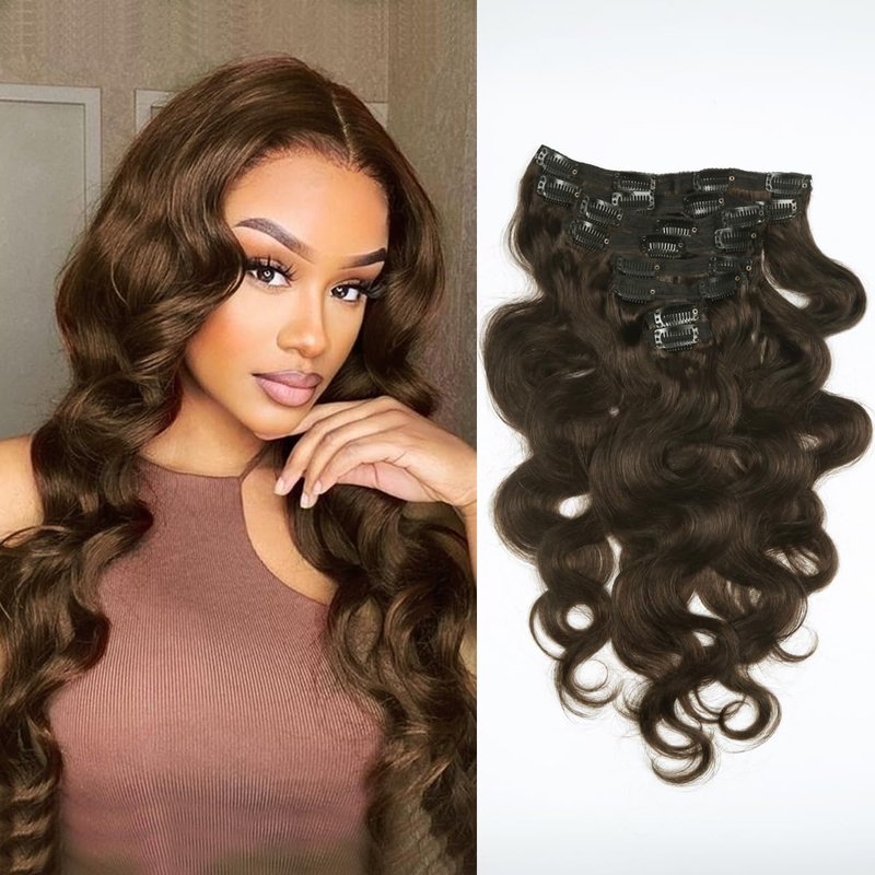 Clip in Hair Extensions Real Human Hair 14 Inch Remy Human Hair Extensions for Women Double Weft Seamless Clip ins Brazilian Body Wave Virgin Human Hair Extensions 8Pcs 100g 20 Clips Dark Brown