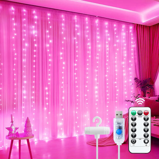 Minetom 300 LED Curtain Lights - Dimmable Fairy Lights with Remote & Timer | USB Powered Pink Decor