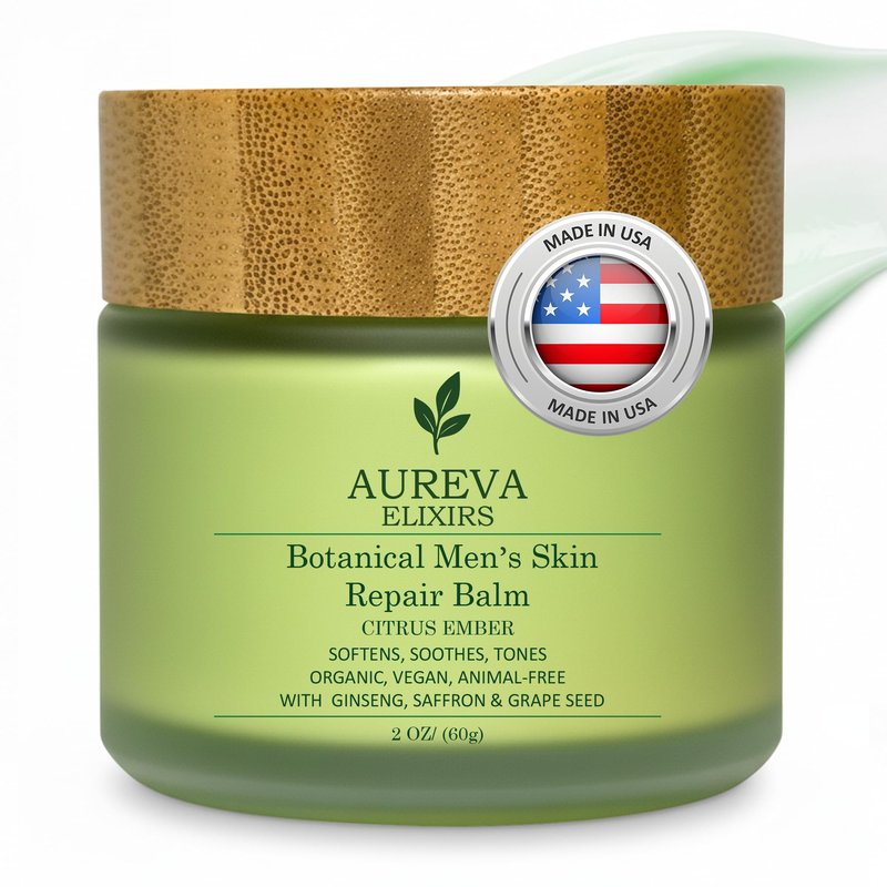 AUREVA ELIXIRS Men's Skin Moisturizer Balm – US Handmade Botanical Balm Face & Body For All Skin Types – Botanical cleansing cream for Everyone full Day Moisturize - Ember Citrus Scent, 2oz