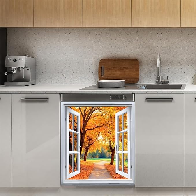 Autumn Gold Trees Windows Dishwasher Magnet Cover for The Front Magnetic Dishwasher Door Covers Dish Washer Sticker Wrap Home Decorative Appliances Panel Decal Kitchen Decor 23" x 26" (Magnetic)