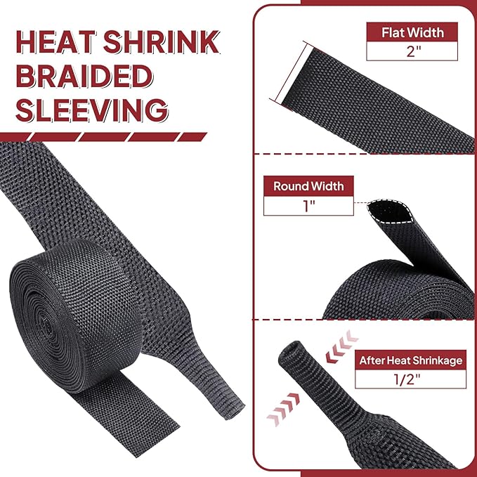 BuyUneed Heat Shrinkable Braided Sleeving 2:1 Ratio- Abrasion Protection Flexibility Wiring Harness Cable Sheath (1" ID, 16ft)