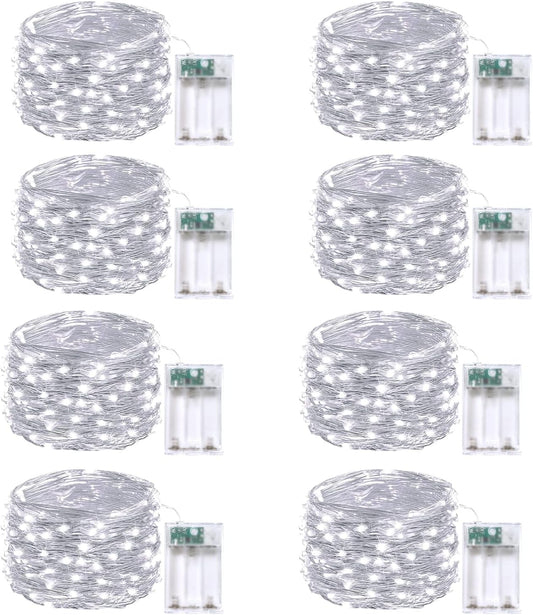 Skiennix 8-Pack Fairy Lights - Battery Operated String Lights with Remote & Timer | 16 FT, 50 LEDs, Waterproof, Cool White