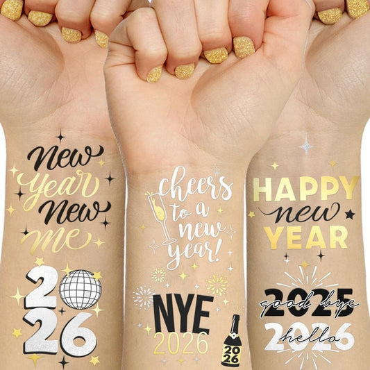 Ovasorve New Years Eve Party Supplies 2026 Temporary Tattoos 40 Gold Silver Foil Styles NYE Party Favors Happy New Years Decorations 2026 NYE Decor