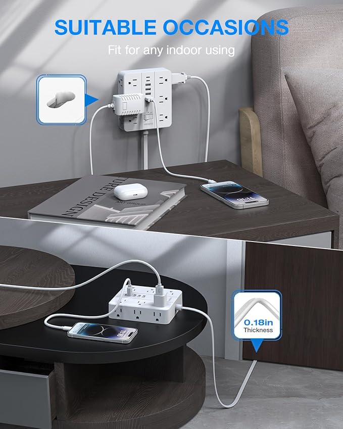 Flat Plug Power Strip, HUNIAN 12 Widely Spaced Outlets with 6 USB Charger (2 USB C Ports), 10 Ft Extension Cord Desk Charging Station for Home Office Supplies, Dorm Room, White