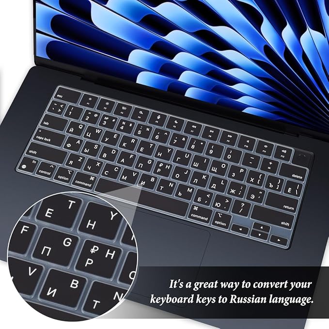 Russian Language Keyboard Cover Skin for 2026-2022 MacBook Air 15.3 inch A3448 A2941 A3114 A3241/MacBook Air 13.6 inch A3449 A3113 A2681 A3240 with M5 M4 M3 M2,MacBook Air Keyboard Protector-Black