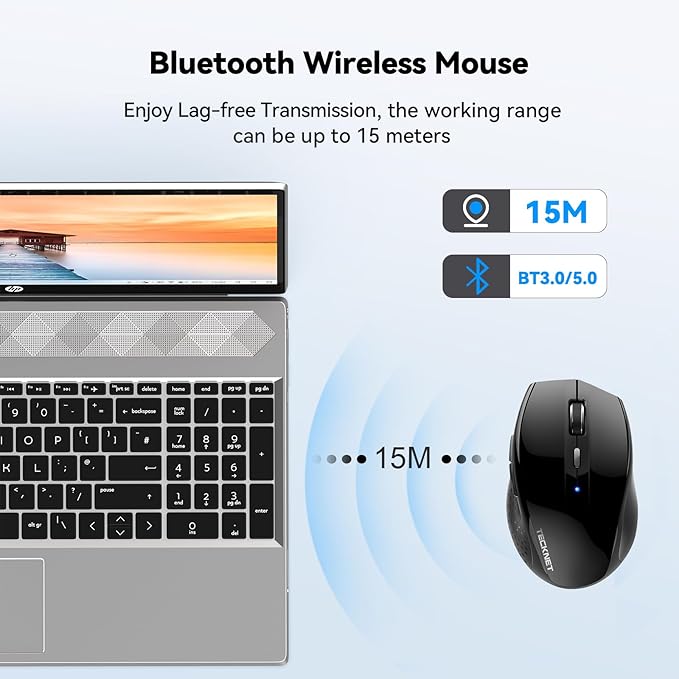 TECKNET 3-Device Bluetooth Mouse, Silent Wireless Mouse with 6-Level DPI up to 4800, 2-Year Battery, 6 Buttons for Wide Compatibility - Black