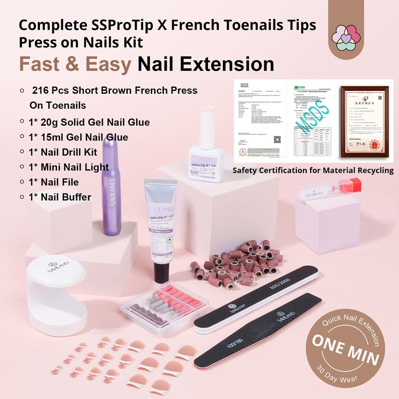 SAVILAND Gel Toe Nail Kit: 18 Sizes Nude Press-On Toenails for Women with Drill, 216 Nude Toe Nail Press Ons, U V Lamp and Nail Glue Gels, Gel Nail X Kit Tools for Manicure Gift