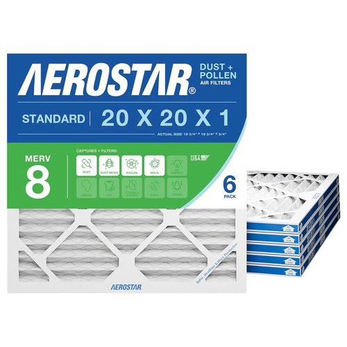 Aerostar MERV 8 Air Filter - 20x20x1 Size | Captures Dust, Lint & Pollen - 6 Count, Made in USA