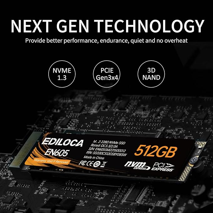 Ediloca EN605 512GB M.2 SSD, NVMe1.3 PCIe Gen3 x4 SSD TLC, Internal Hard Drive, M.2 2280 - Read/Write Speed up to 2100/1300 MB/s - Internal SSD Compatible with Laptop & PC Desktop
