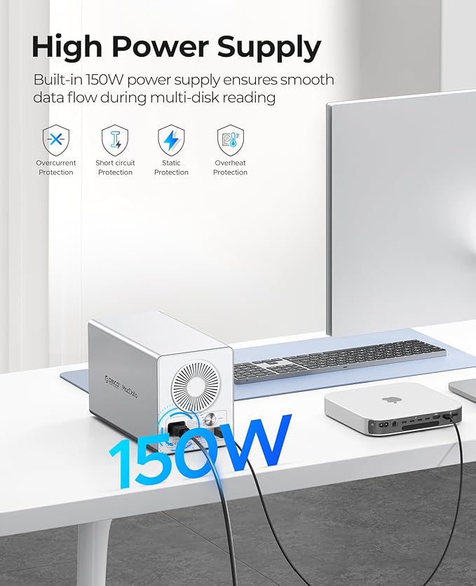 ORICO 4-Bay RAID External Hard Drive Enclosure USB 3.0 for 2.5/3.5 Inch SATA HDD/SSD, Supports Up to 22TB, RAID 0/1/3/5/10/JBOD, 5Gbps Transfer, Silent Cooling Fan