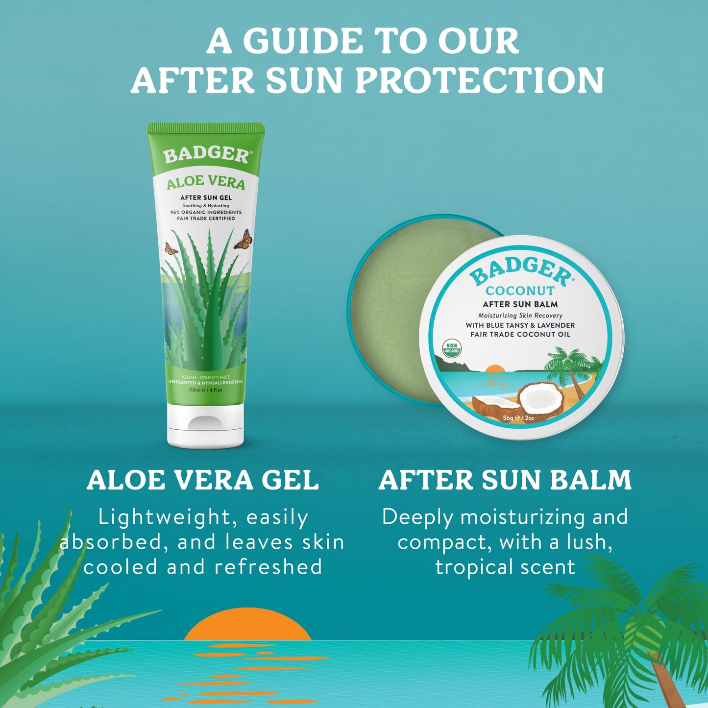 Badger Coconut AfterSun Balm, 100% Organic Soothing Sunburn Relief, Great Smelling, Moisturizing & Hydrating After Sun Skin Care, 2 oz Tin