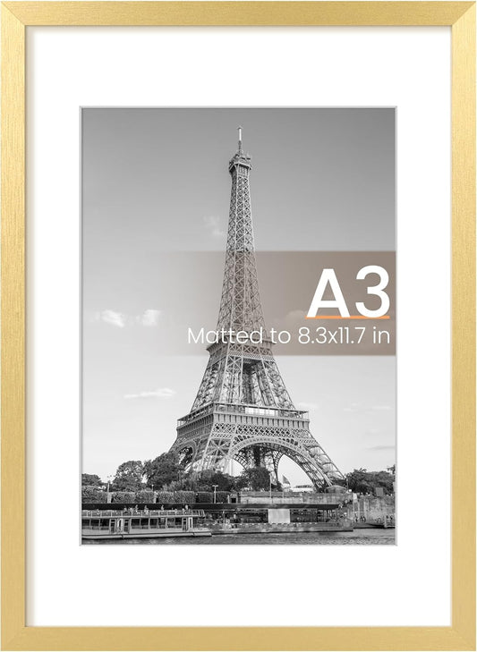 Upsimples A3 Picture Frame - Elegant Gold Wall Hanging Frame for 8.3x11.7 or 11.7x16.5 Photos | 1 Pack