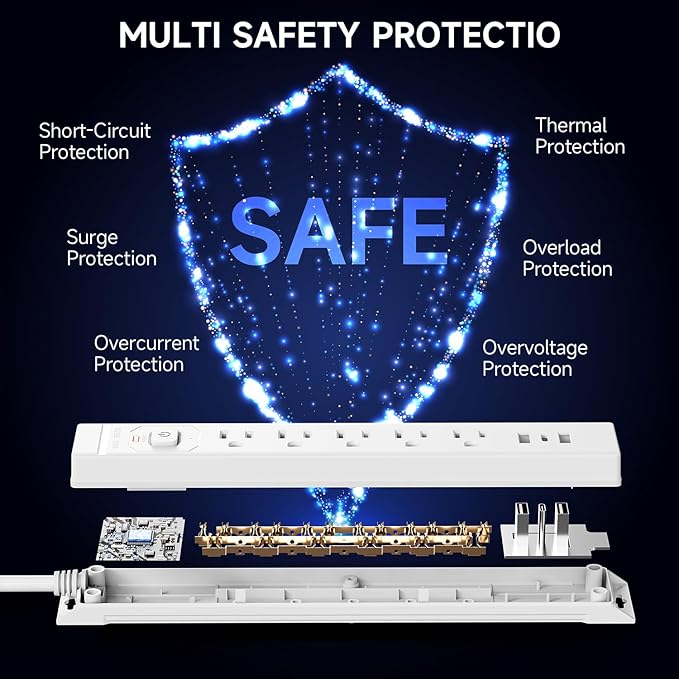 10 Ft Power Strip Surge Protector with USB Ports, Flat Plug Extension Cord, 5 AC Outlets and 3 USB Charging Ports, Wall Mountable for Home, Office, Dorm