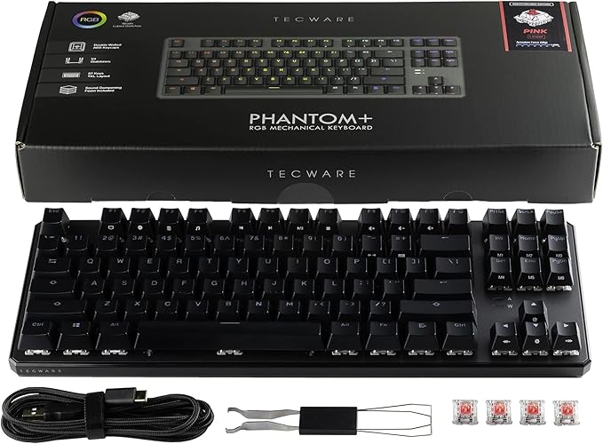 TECWARE Phantom+ 87 Mechanical Gaming Keyboard | RGB LED Backlit | Hot Swappable Wraith Brown Switches | 87 Key TKL Layout | Thocky Sound Profile | Detachable USB-C Wired | Black